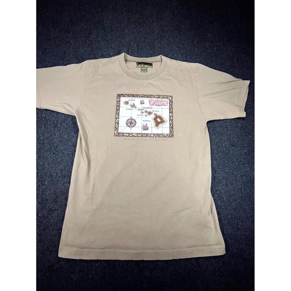 Y2K ABC Design T Shirt Mens Medium Khaki Cotton Graphic Hawaiian Islands Map